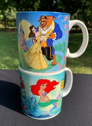 Vintage Walt Disney Beauty And The Beast And Ariel Little Mermaid Coffee Mug Cup