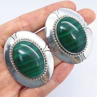 Vintage Old Pawn Sterling Silver Malachite Gem Tribal Statement Clip On Earrings