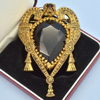Vintage Brooch Large 1940s Antique Style Amber Glass Goldtone Bridal Jewellery