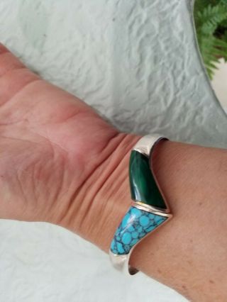 Wonderful Vintage 925 Sterling Silver Mexico Turquoise Clamper Cuff Bracelet