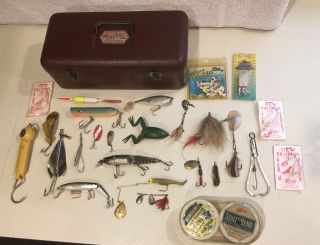 Vintage Foster Metal Tackle Box Full Of Old Fishing Lures & Misc.  Tackle