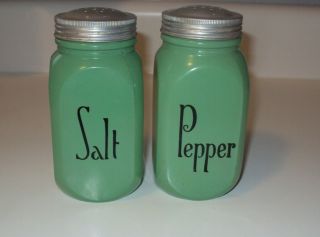 Vintage Green Salt & Pepper Shakers Set 5 Inches Tall Large Black Lettering