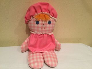 Vtg.  1975 Fisher Price Lolly Doll/rattle,  Bright Pink White Gingham Plaid,  Euc B