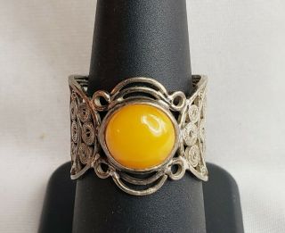 Vintage Polish Baltic Egg Yolk Butterscotch Amber & 875 Spun Silver Wide Ring 8