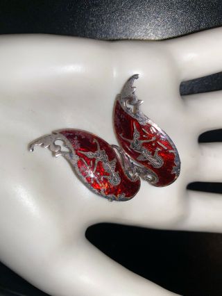 Exquisite Vintage Sterling Silver Red Enamel Siam Earrings (clip On) 8.  7gr