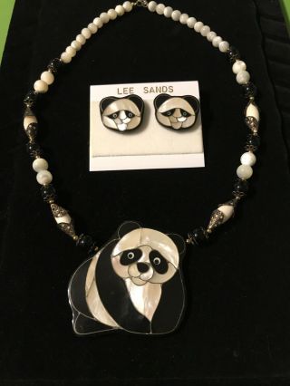 Vintage Lee Sands Mother Of Pearl And Shell Inlay Panda Necklace And Earrings