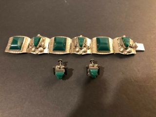 Vintage Mexican Silver Jade Bakelite Aztec Face Bracelet W/ Earrings