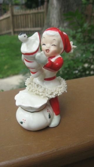 Vintage Japan Napco Christmas Santa Elf Pixie Spaghetti Figurine With Doll