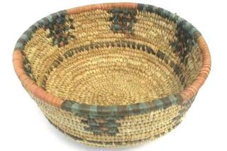 Vintage Tribal Hand Woven Coiled Medium Basket Natural Tan Blue 9 Inch Diameter