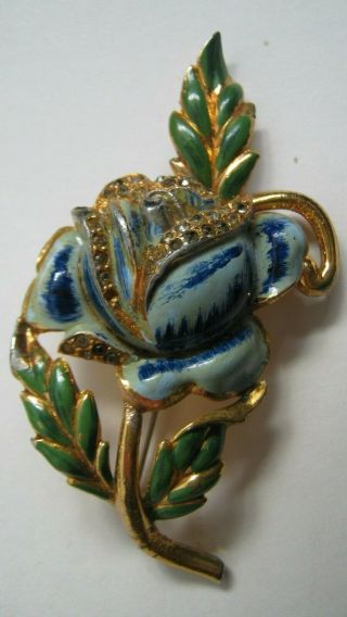Vintage Old Large Signed Coro Blue Enamel Flower Brooch Pin