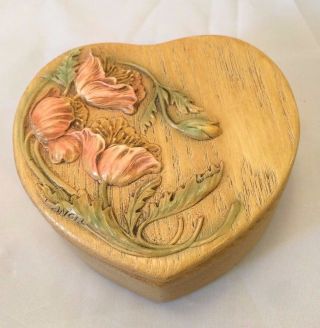 Vintage Wood Carved Wooden Flowers Heart Shape Jewelry Trinket Box With Lid