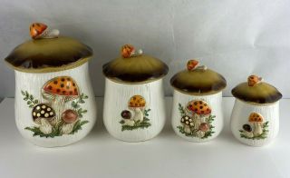 Vintage Ceramic Merry Mushroom Set Of 4 Canisters Sears,  Roebuck And Co.  1978