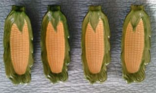 Vintage Corn On The Cob Holders Hand Painted Ceramic Dishes (set Of 4)