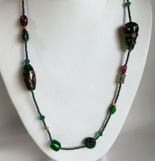 Vintage Green Lampwork Venetian Murano Art Glass Beaded Necklace 38 "