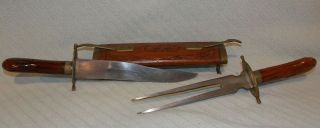 Vintage Wood And Brass Hand - Carved Carving Knife And Fork Set Made In India