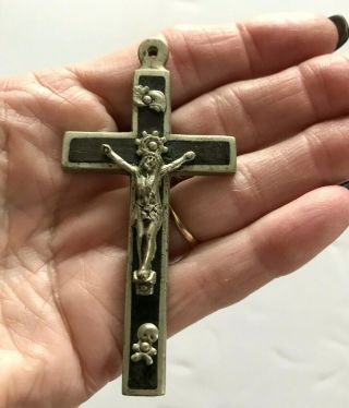 Vintage Crucifix Ebony Brass Skull Crossbones Nun Priest 3  Long