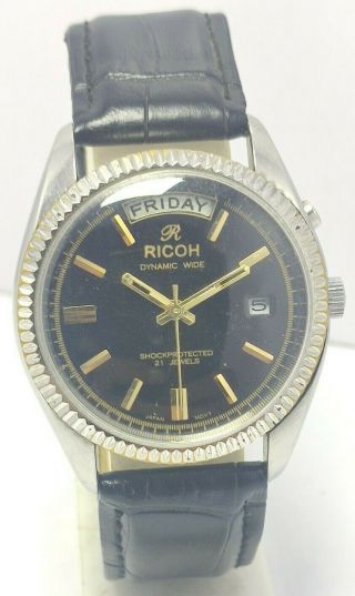 Rare Vintage Japan Made Ricoh Day&date Black Automatic 21j Wrist Watch For Men 