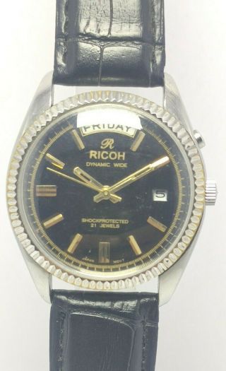 RARE VINTAGE JAPAN MADE RICOH DAY&DATE BLACK AUTOMATIC 21J WRIST WATCH FOR MEN ' S 3
