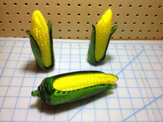 3 Vintage Murano Style Art Glass Green And Yellow Corn On The Cobs