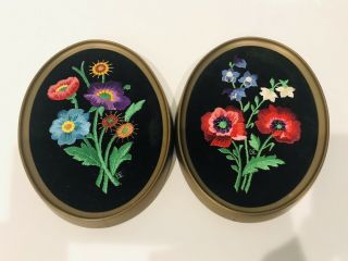 Vintage Crewel Embroidered Floral Hanging Wall Art On Black Velvet - Set Of 2