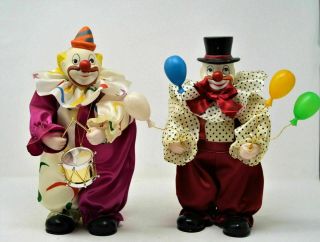 Set Of 2 Vintage Wind Up Musical Moving Clown Dolls Ballons " It 