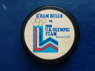 Vintage Hockey Puck Birmingham Bulls Vs 1980 U.  S.  Olympic Team November 8,  1979