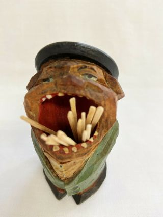 Vintage Kitchy Toothpick Holder Wood Carved Little Man W Toothpicks 3 1/4 " Tall