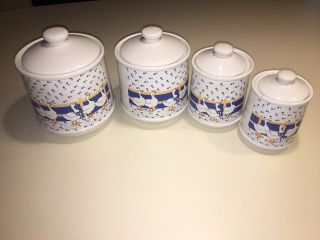 Vintage Country Blue White Geese Goose Duck Ceramic Canister Set Of 4
