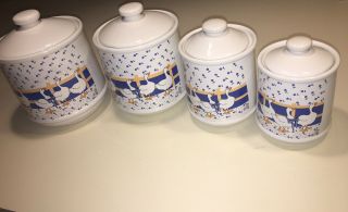 Vintage Country Blue White Geese Goose Duck Ceramic Canister Set of 4 2