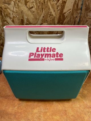 Vintage Igloo Little Playmate Teal Pink White Ice Chest Push Button Cooler