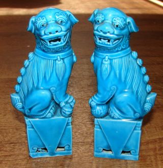 Vintage Chinese Foo Dog Statues Turquoise Blue Ceramic 5 1/4 "