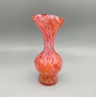 Vintage Lefton Red Orange Hand Blown White End Of Day Style Glass Bud Vase