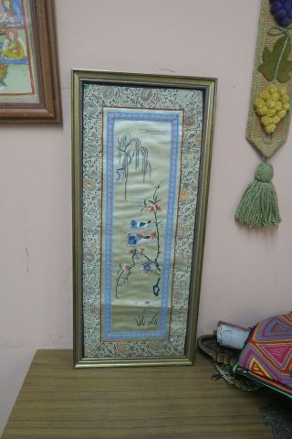 Vintage Chinese Silk Embroidery Panel Tapestry Doily Bird Floral Framed