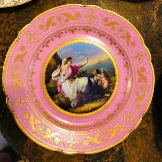 Antique Pink Sevres Porcelain Portrait Dish Plate Perfect Heavy Raised Gilt Gold