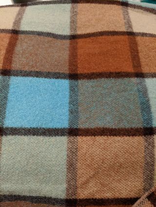 Vintage Amana Woolen Mills Wool Check Blanket Brown Blue Size 81 " X 63 "
