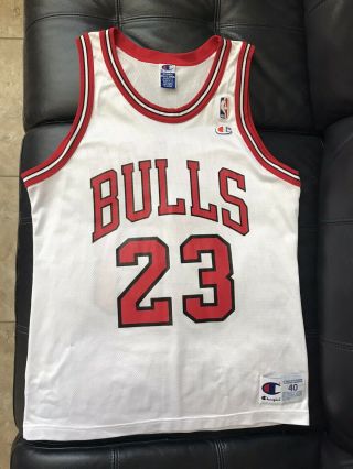 Vintage 90s Champion Michael Jordan White Home Chicago Bulls Jersey Sz 40 Vtg