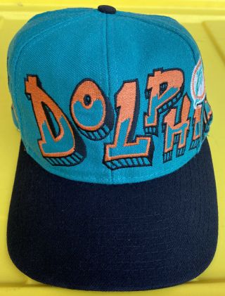 Vintage 90s Miami Dolphins Drew Pearson Graffiti Snapback Hat Cap Nfl 2 Tone