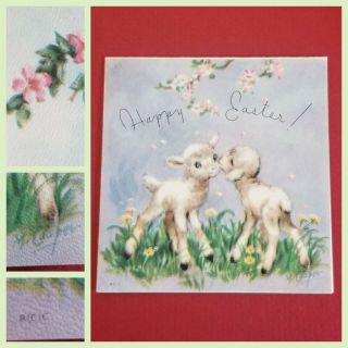 Vintage Marjorie Cooper Happy Easter Card 2 Sweet Lamb 1947 Rust Craft Guild