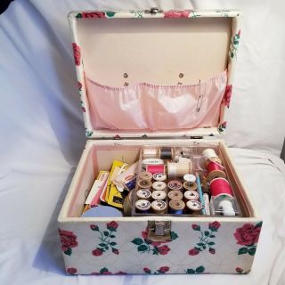 Rare Selwell Vintage Sewing Box,  Rose Bud Floral Design With Tray And Contents