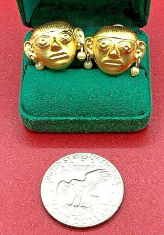 Vintage Kenneth Jay Lane Kjl Gold Tone Pearl Tribal Mask Clip On Earrings Excel