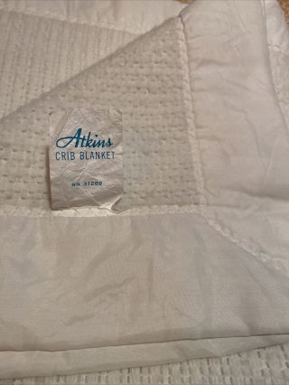 Vintage Atkins Waffle Weave Thermal Baby Blanket White Acrylic Satin Nylon Trim
