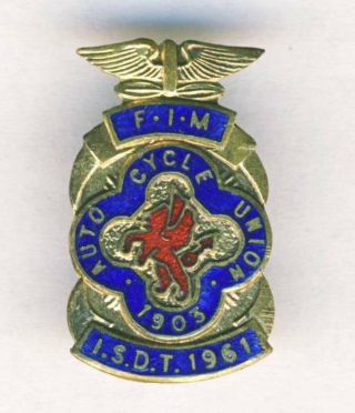 1961 Fim Six Days Enduro Motorcycle Pin Badge Isde Wales Isdt