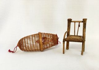 Antique Vintage Adirondack Bamboo Chair & Wicker Fish Trap Miniature Dollhouse