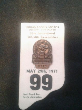 Vintage Indy 500 Pit Badge 1971 Indianapolis Motor Speedway With Press Backer