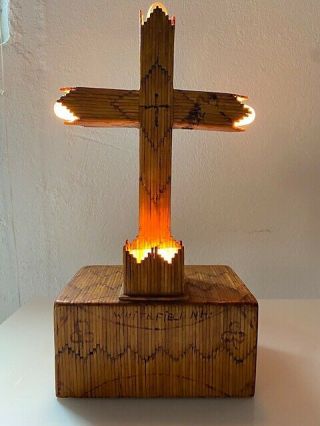 Vintage Rustic Burned Matchstick Cross Lamp Tramp Prison Folk Art.