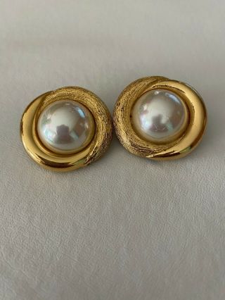 Vintage,  Authentic Christian Dior Cd Large Pearl Gold - Tone Clip - On Earrings