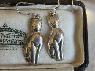 Vintage Jewellery Charming 925 Sterling Silver Kitty Cat Dangle Dropper Earrings
