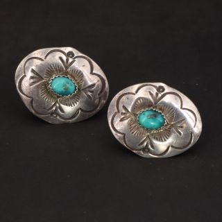 Vtg Sterling Silver Navajo Larry Sandoval Turquoise Stamped Post Earrings - 3.  5g