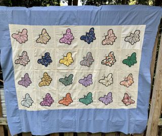 Vtg Antique Feed Sack Butterfly Quilt Top 74x70” Hand Pieced Multi Color