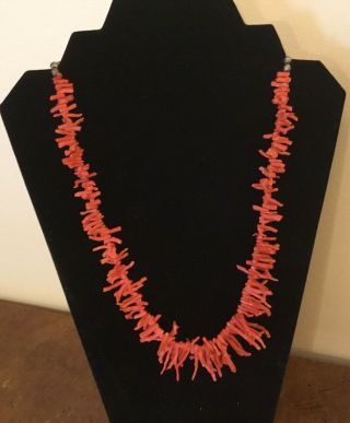 Vtg Natural Red Salmon Branch Coral 22” Necklace W/ Sterling Beads & Clasp,